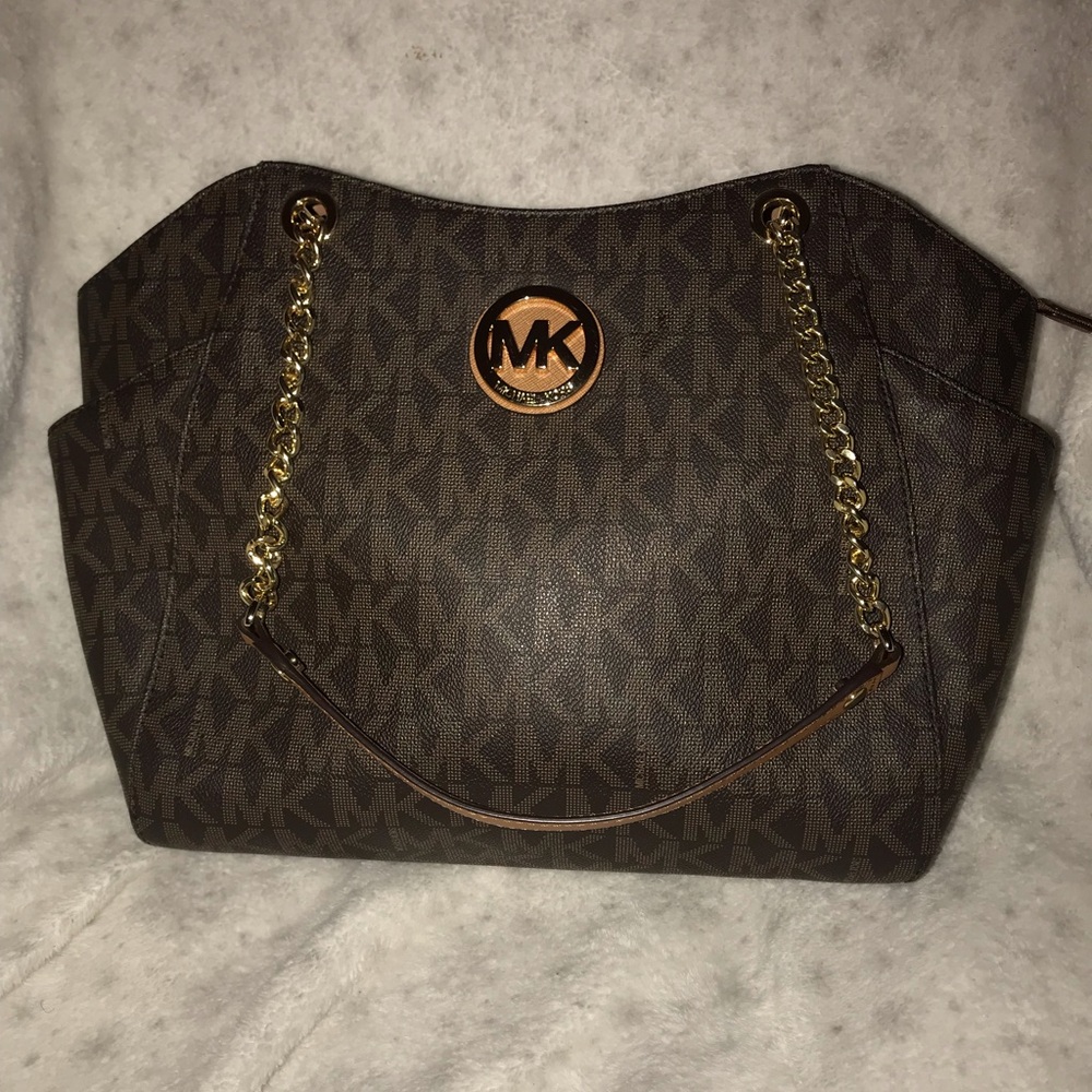 Michael Kors Brown Signature MK Logo Tote Bag with Gold Chain New without tags